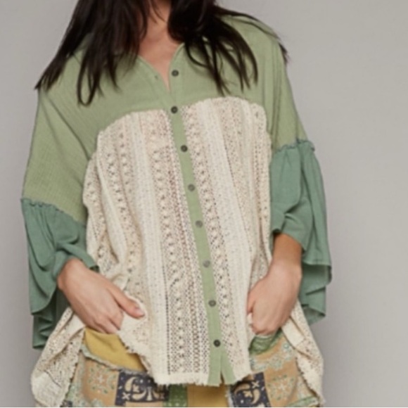 POL top frayed edge crochet Shacket long sleeves button down NWT Boutique - Picture 10 of 11